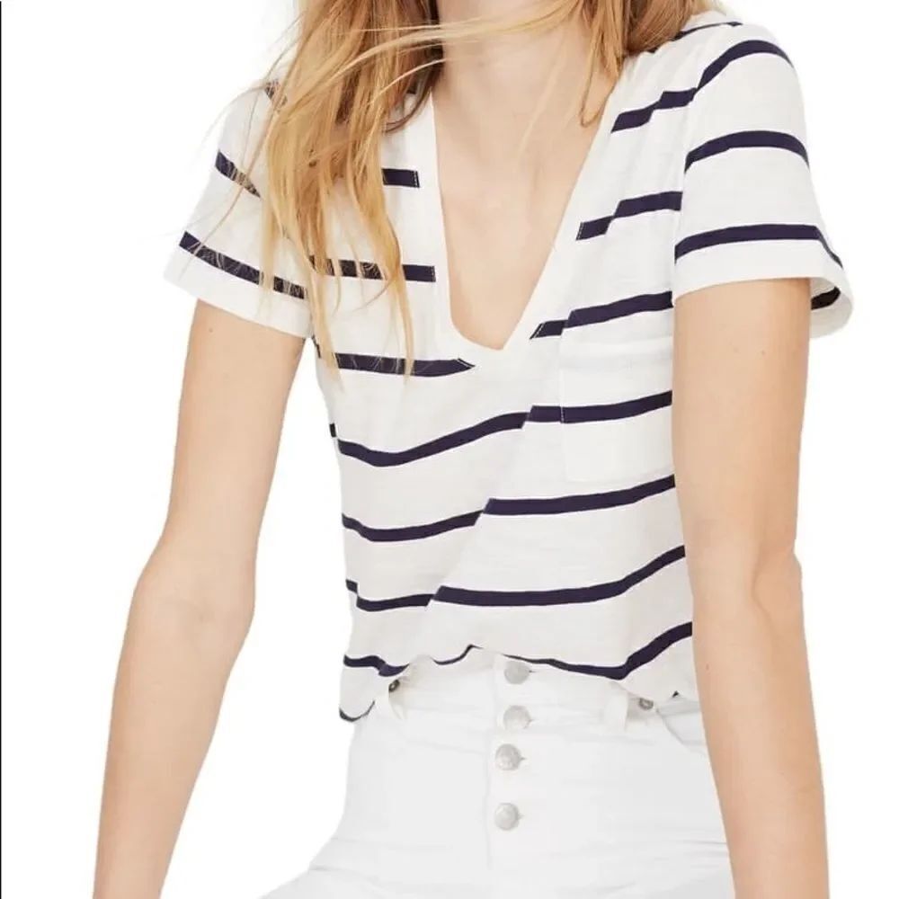 Madewell White/Blue Stripe Vneck Pocket Shirt Sz S